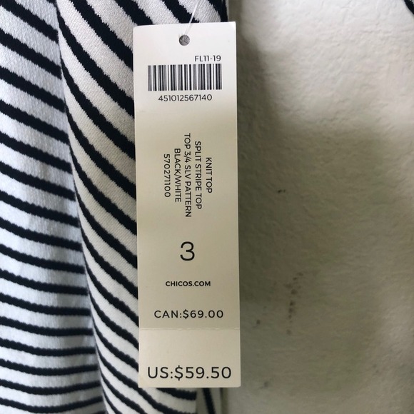 NWT Chico's XL Knit Top Black White Split Stripe 3/4 Sleeve Flared Cuff - Picture 3 of 15